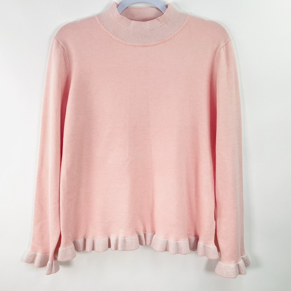 Nanette Lepore Sweater Women's XL Pink Long Sleeve Ruffle Hem Mock Neck Filament
